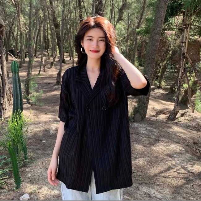 中大尺碼女裝 韓版 西裝外套 薄外套 棉麻外套 春夏純色短袖外套 女空調衫外套 4