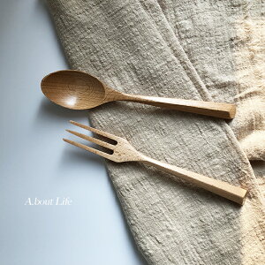 About Life日本櫸木簡約三角線條木質叉勺ins套裝擺拍餐勺叉
