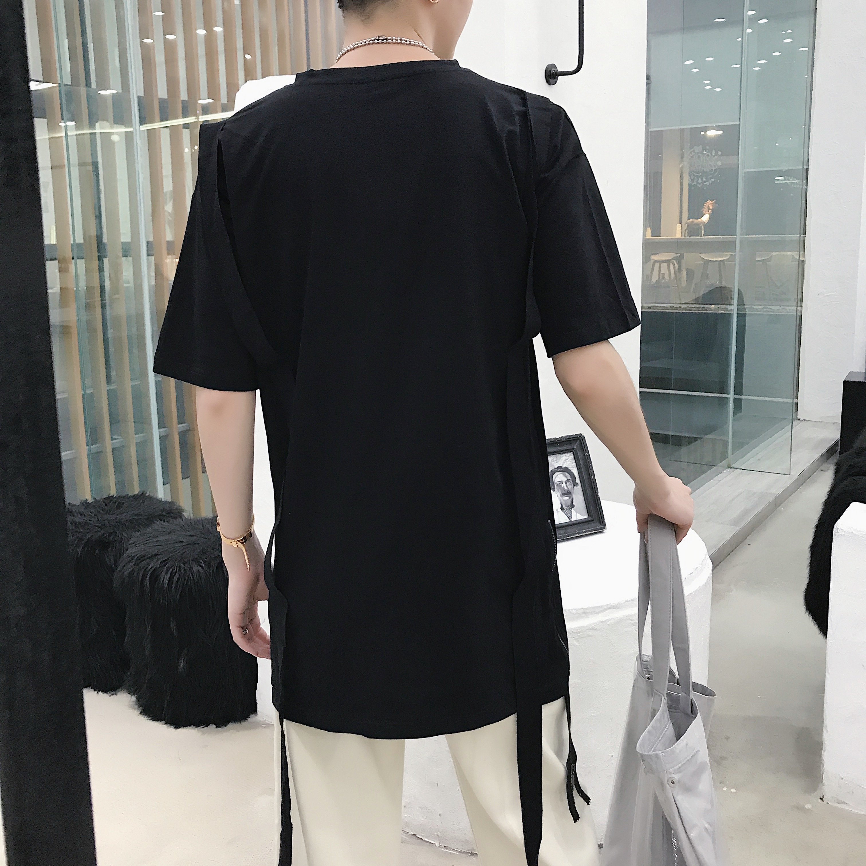 FINDSENSE2019 夏季 新款 韓國 街頭 嘻哈 純色 織帶 個性 時尚 寬鬆 個性短袖 半袖T恤 潮男上衣