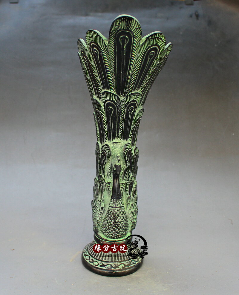 孔雀花瓶開屏客廳臥室擺件仿古青銅器工藝品純銅青銅鳳凰花瓶復古1入