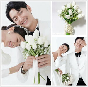 韓式新娘手捧花室內純色背景大束白色郁金香捧花學生網紅自拍道具