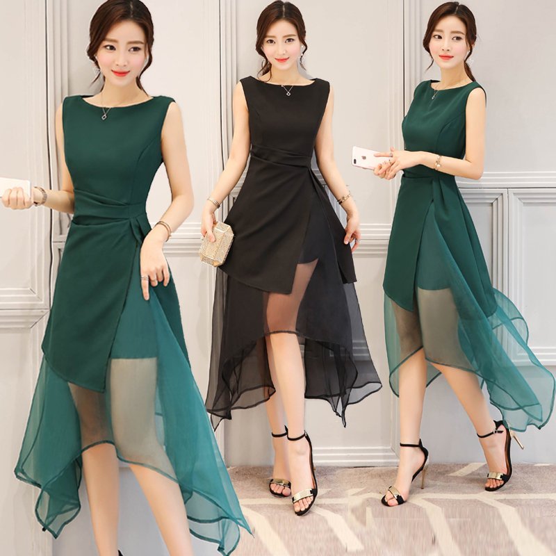 FINDSENSE G5 韓國時尚 夏季 新款 純色 無袖 圓領 歐根紗 拼接 不規則 中長款 連身裙