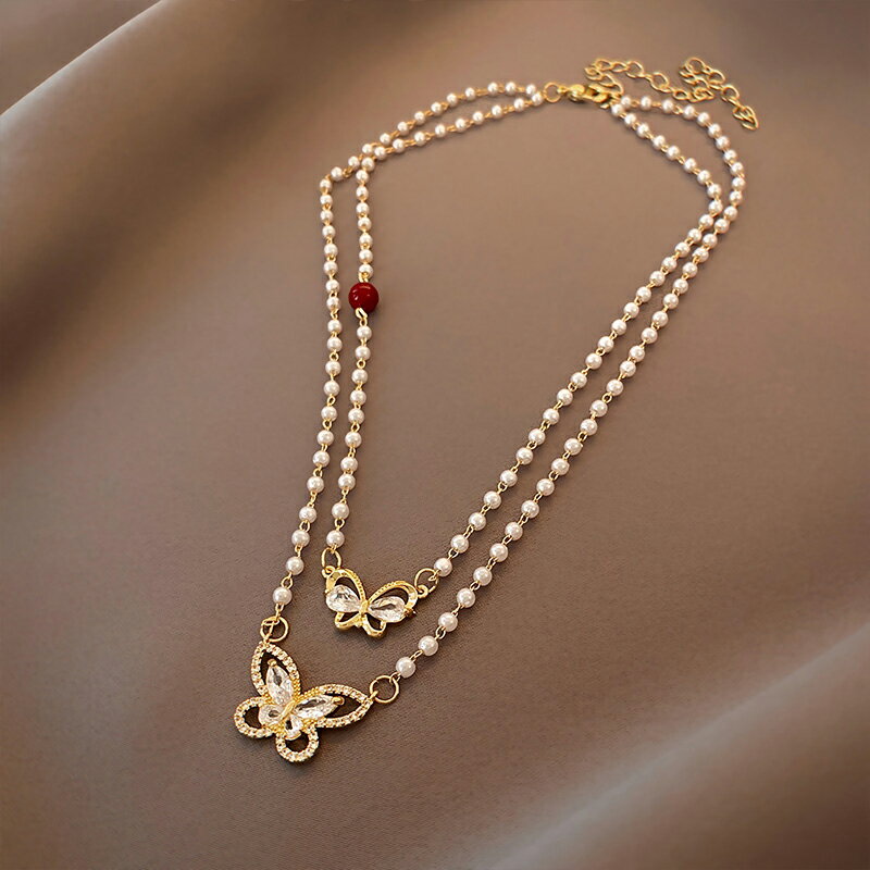 法式蝴蝶珍珠雙層項鏈女鎖骨鏈輕奢小眾年新款氣質仙氣脖頸鏈