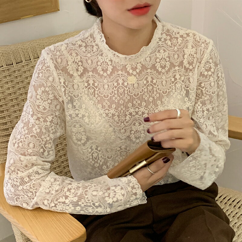 韓國chic洋氣復古小立領重工鉤花薄款微透式寬松長袖雪紡蕾絲衫女