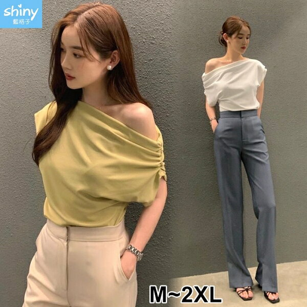 春夏性感．素色不規則斜肩短袖T恤-shiny藍格子【V5217】