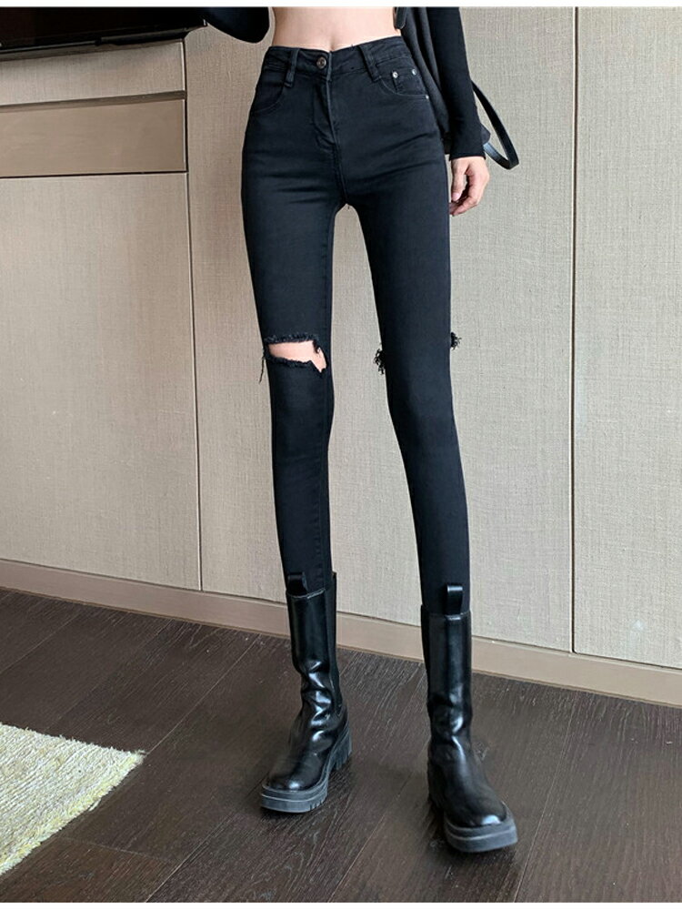 2021年春季新款黑色牛仔褲女修身顯瘦小腳鉛筆九分褲高腰破洞褲子