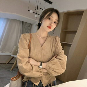 韓風chic長袖襯衫女設計感小眾秋季韓版法式v領抽繩修身顯瘦上衣