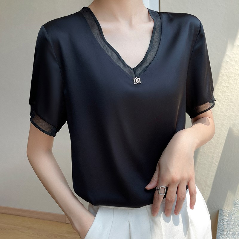 【巴黎精品】真絲緞面襯衫蠶絲上衣名媛法式絲綢絲質氣質上衣-寬鬆拼色網紗女素色T恤3色a1ep22
