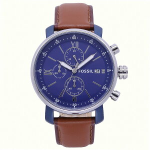 FOSSIL 美國最受歡迎頂尖運動時尚三眼計時皮革腕錶-藍+咖啡-BQ2163