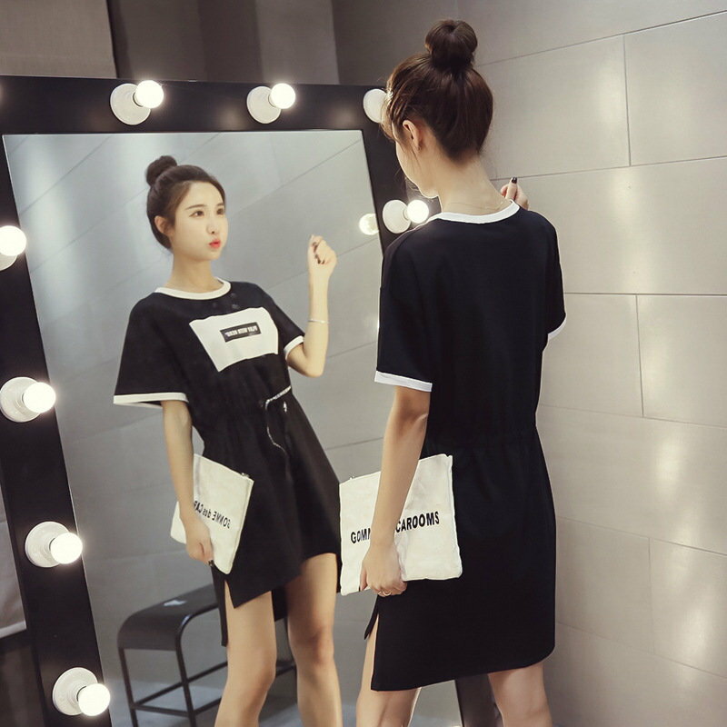 FINDSENSE G5 韓國時尚 夏季 抽繩 收腰 寬鬆 中長款 短袖 T恤 連身裙