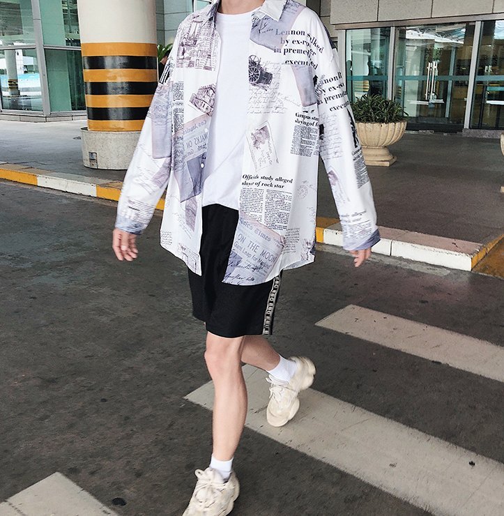 FINDSENSE H1 2018 秋季 新款 男 日本 嘻哈 復古 印花 花襯 寬鬆長袖襯衫 休閒 潮上衣