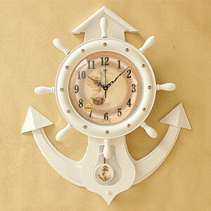 船舵船錨創意個性歐式實木靜音掛鐘表石英客廳大號時尚復古鐘掛表