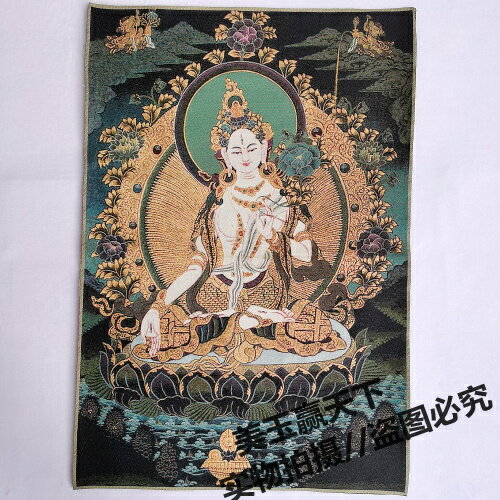 唐卡白度母 西藏藏傳佛教絲綢刺繡 織錦金絲刺繡菩薩像 條幅掛畫