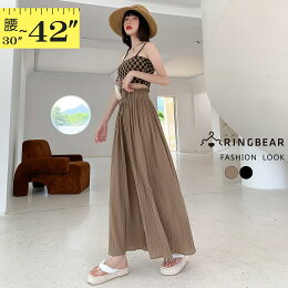 人氣王★飄逸鬆緊高腰百褶雪紡寬褲(黑/咖 L-3L)-眼圈熊中大尺碼