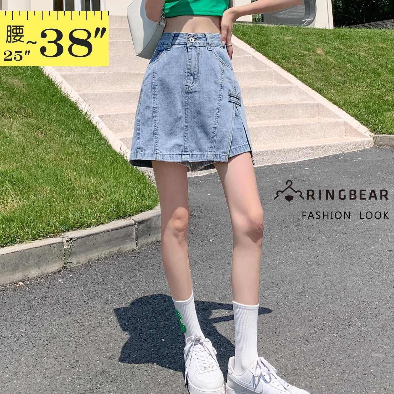 牛仔裙--酷女孩高腰顯瘦休閒多層次拼接A字牛仔褲裙(藍M-5L)-R299眼圈熊中大尺碼