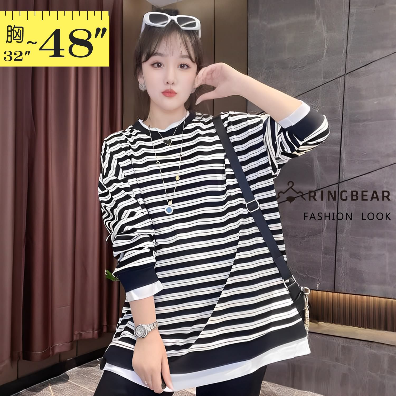 假二件--撞色層次拼接顯瘦條紋休閒百搭假兩件長袖上衣(黑L-3L)-X658眼圈熊中大尺碼