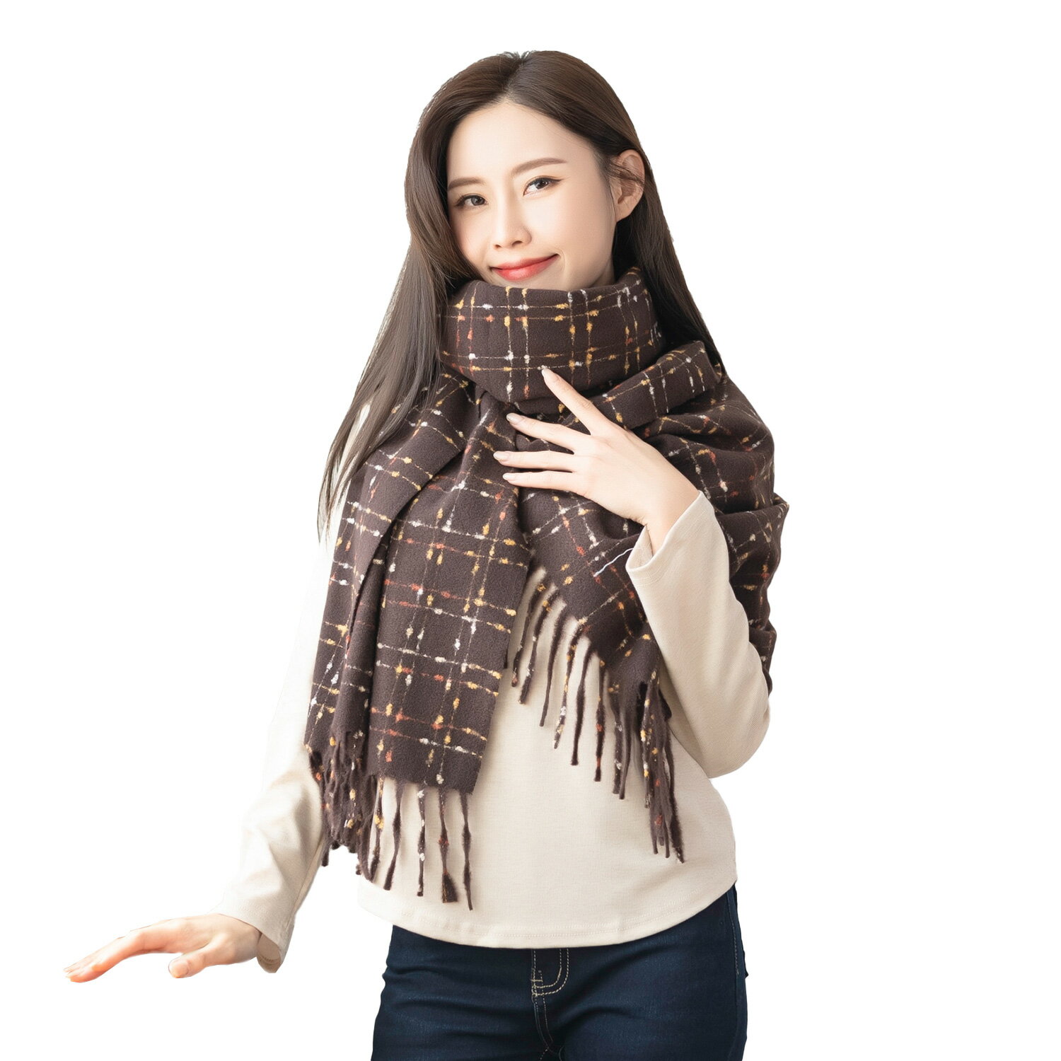 撞色--繽紛造型點線條仿羊絨格子流蘇圍巾(米白.粉.咖F-F)-Z72眼圈熊中大尺碼 1