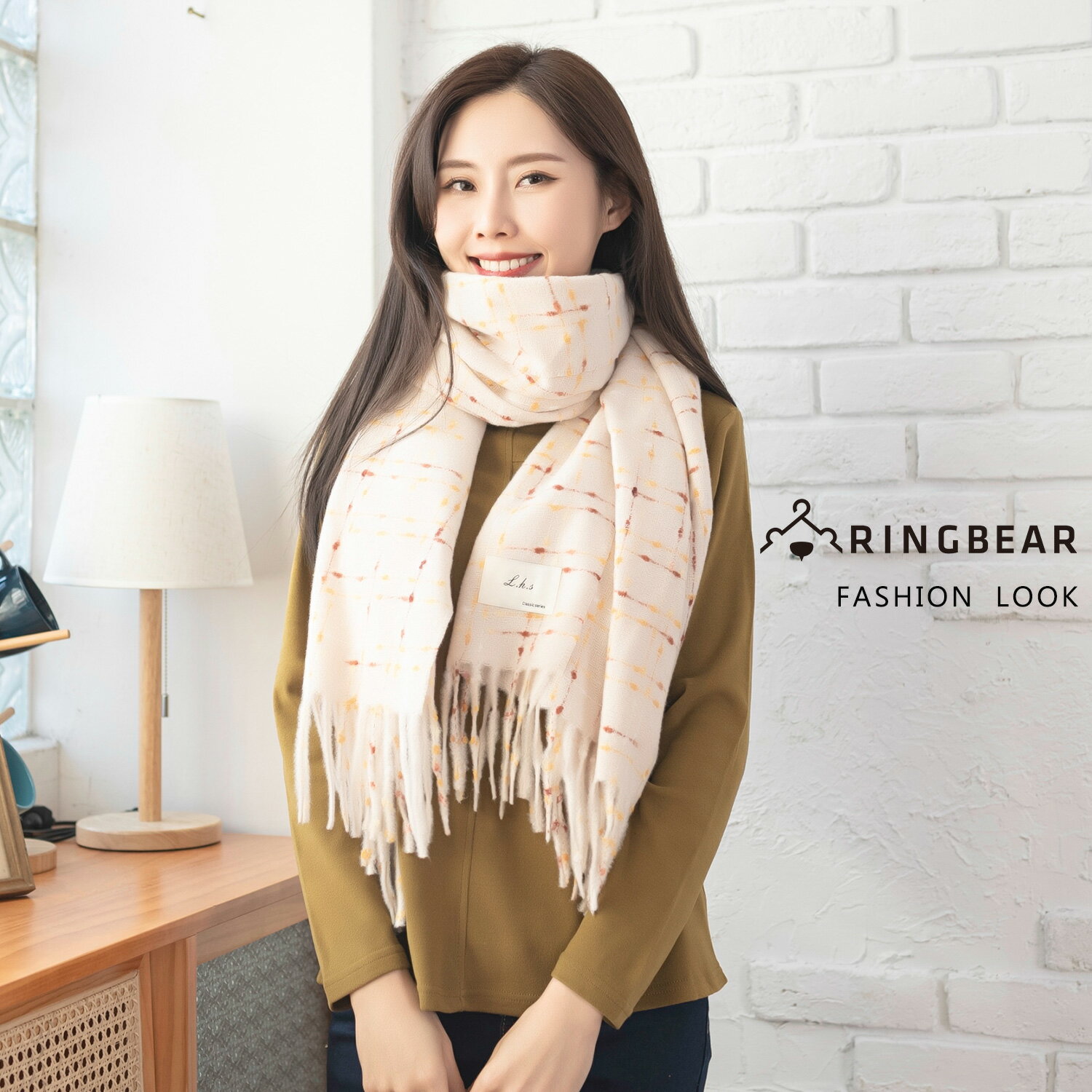 撞色--繽紛造型點線條仿羊絨格子流蘇圍巾(米白.粉.咖F-F)-Z72眼圈熊中大尺碼 2
