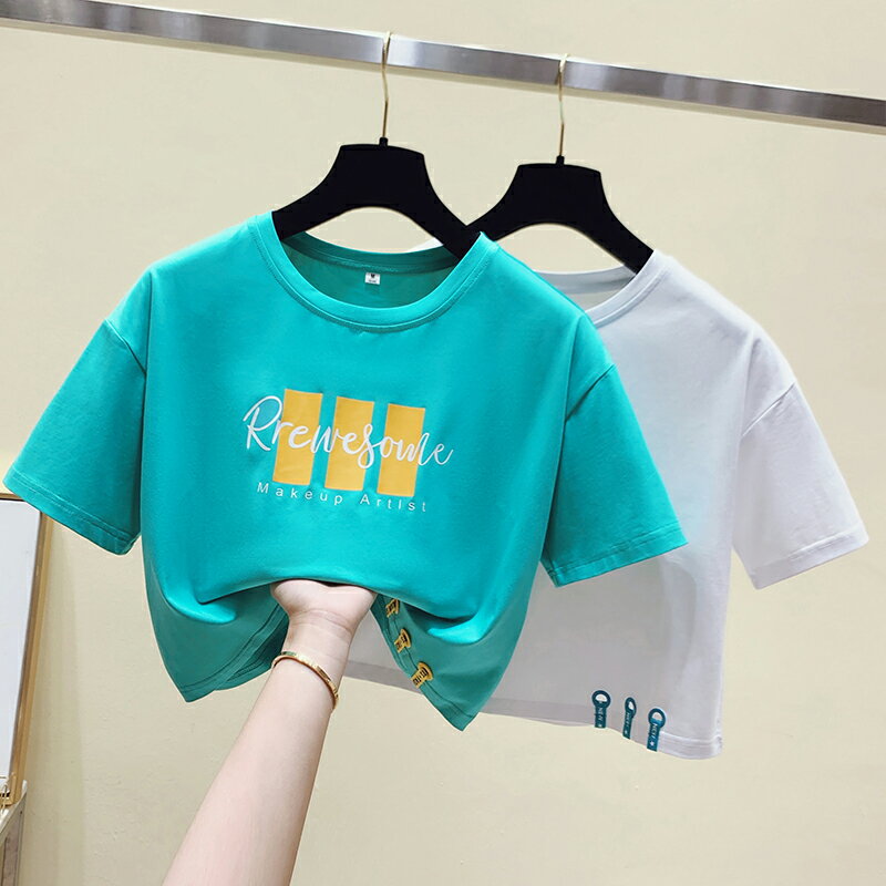 2021年新款夏裝韓版字母印花短袖T恤女ins設計感小眾洋氣短款上衣