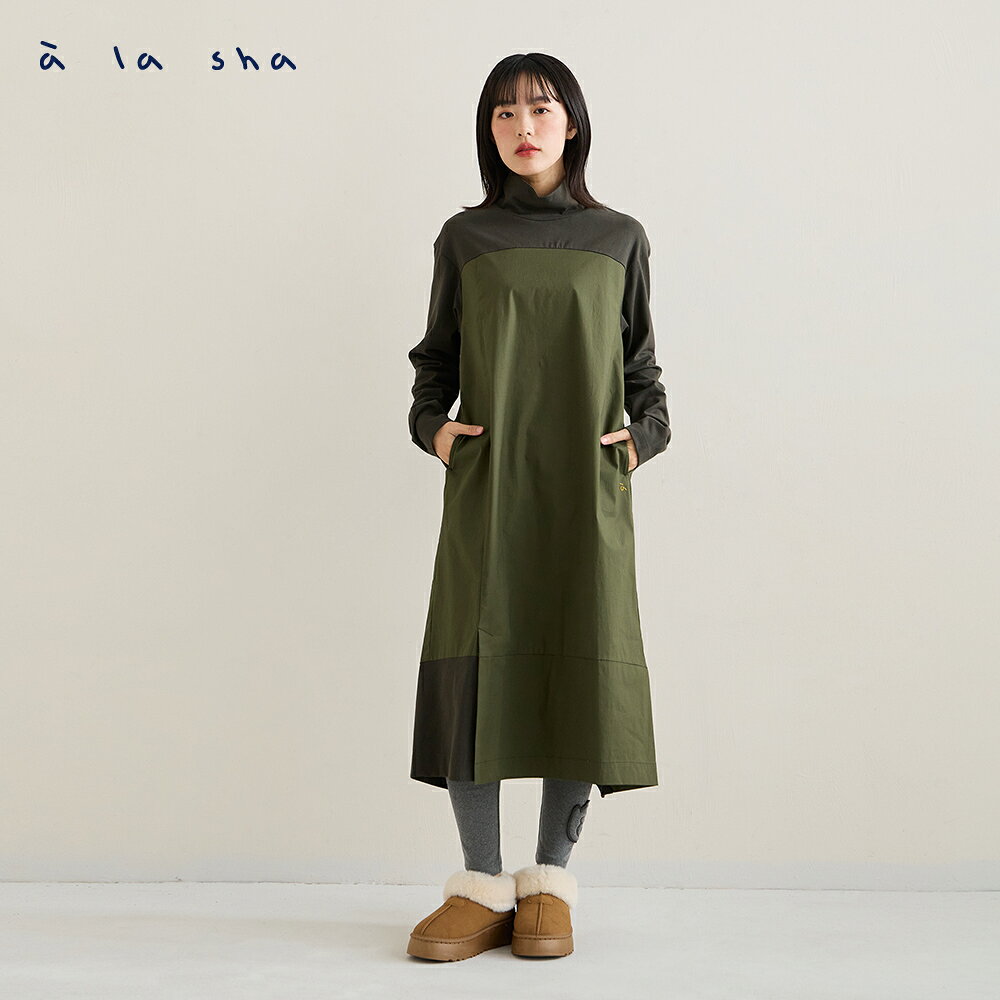a la sha  高領長袖平織剪接洋裝