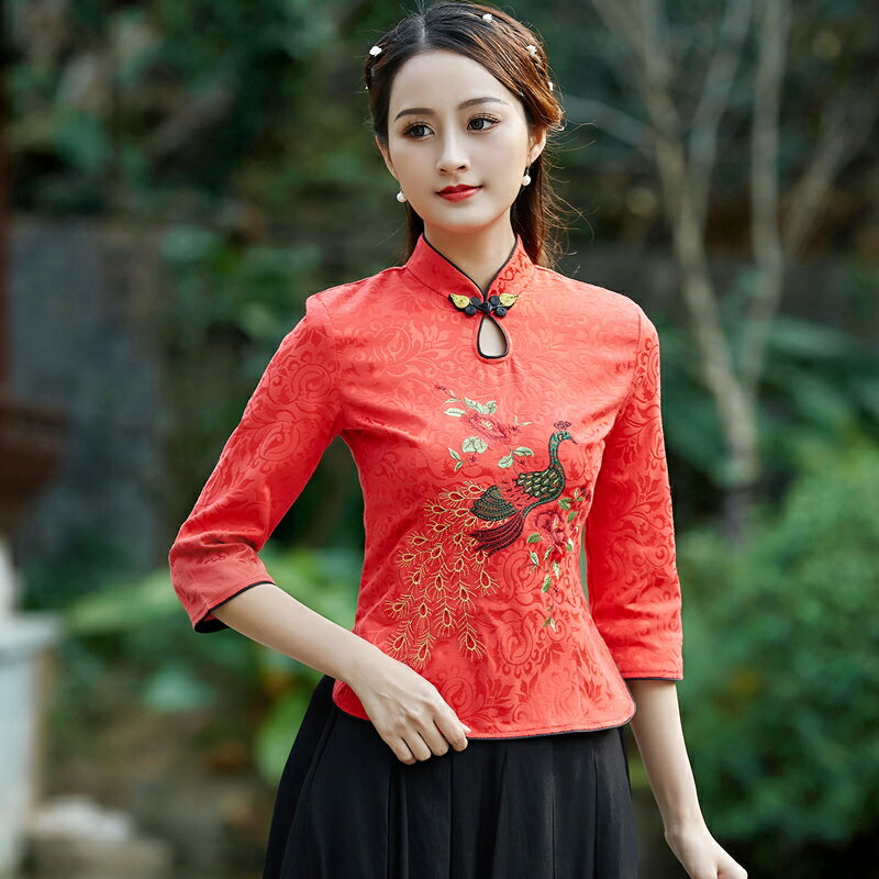 民國風中式女裝春季紅色喜慶中國風漢服女唐裝盤扣上衣1入