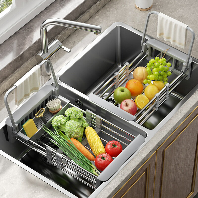 APP下單享點數9% 水槽瀝水籃不銹鋼洗碗槽洗菜池可伸縮廚房置物架碗碟收納架瀝水架