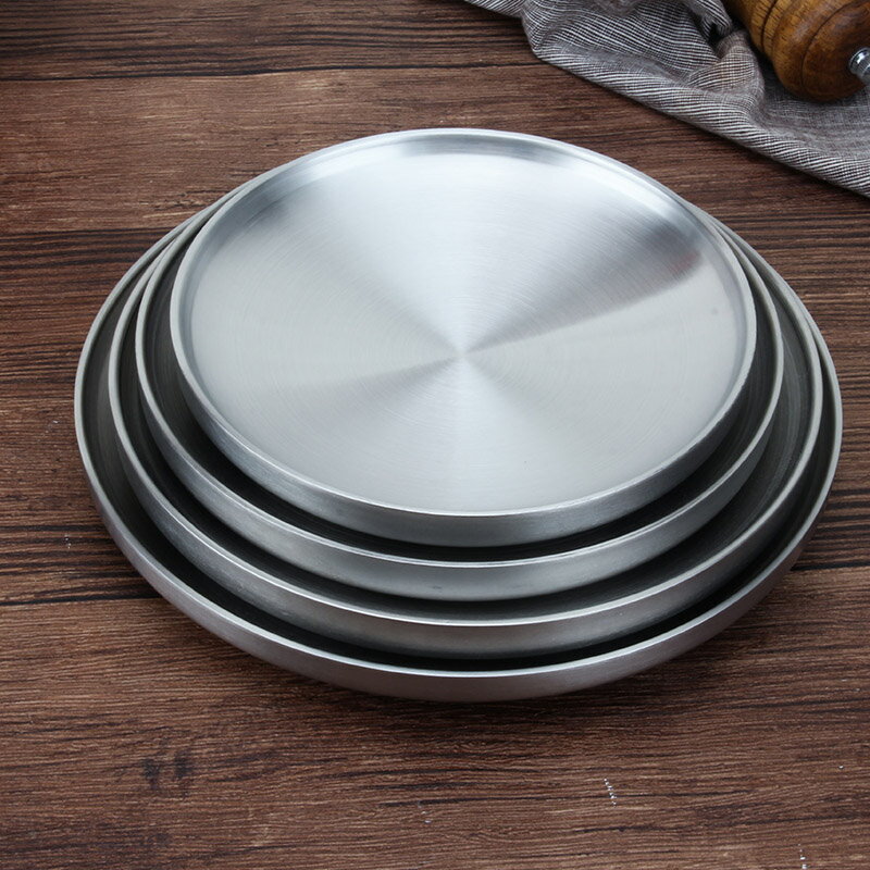 304不銹鋼盤子家用雙層隔熱圓盤平底餐盤水果盤菜碟子平盤燒烤盤
