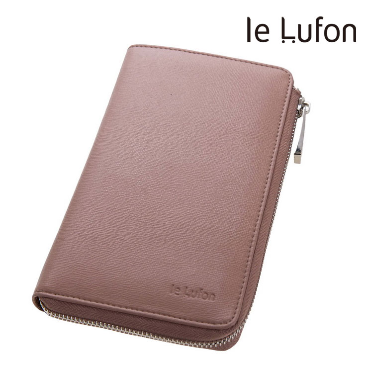 【le Lufon】 L型拉鏈多格層十字紋皮革長夾 護照夾/證件夾/萬用夾/零錢包-臻果褐色 （-臻果褐／淺灰二色）