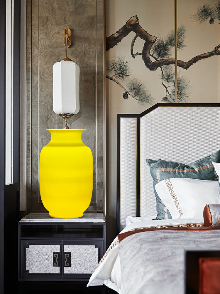 景德鎮陶瓷黃色花瓶擺件家居客廳插花現代新中式薄胎博古架裝飾品