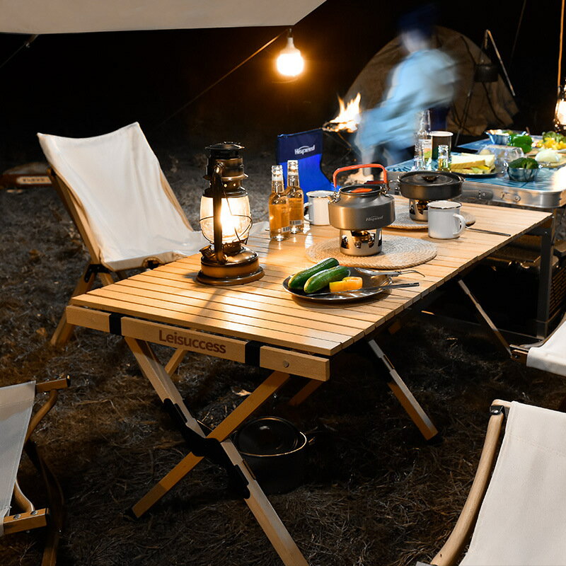 實木戶外折疊桌露營野餐桌昇降野營桌椅鬍桃色便捷桌櫸木蛋捲桌