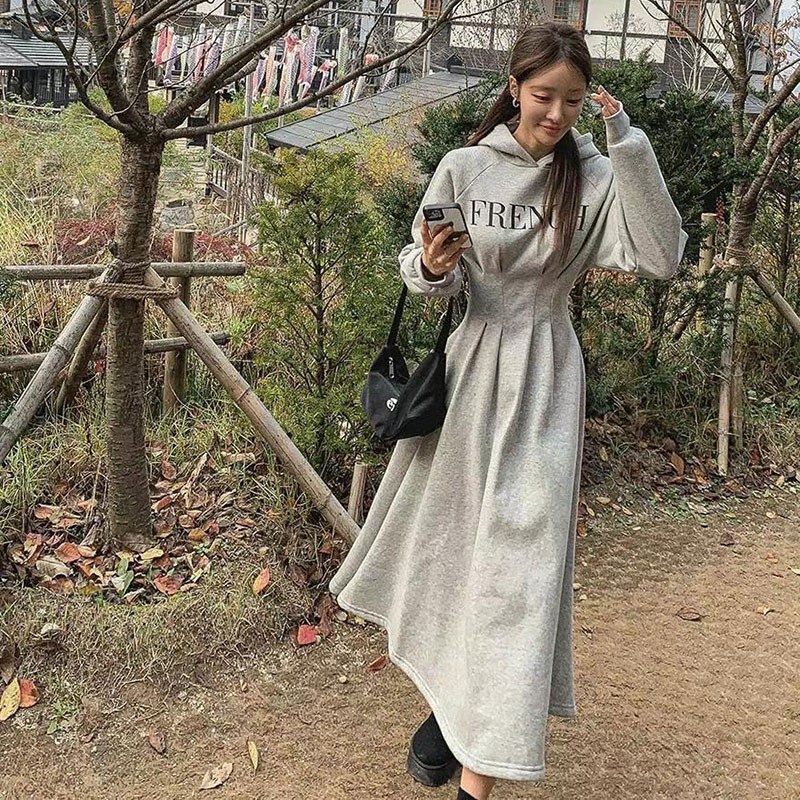 ANNAS 正韓字母連帽刷毛洋裝 腰身 縮腰 打折 長袖 長裙 長洋裝 連身裙 顯瘦 棉質 保暖 刷絨 韓國 2