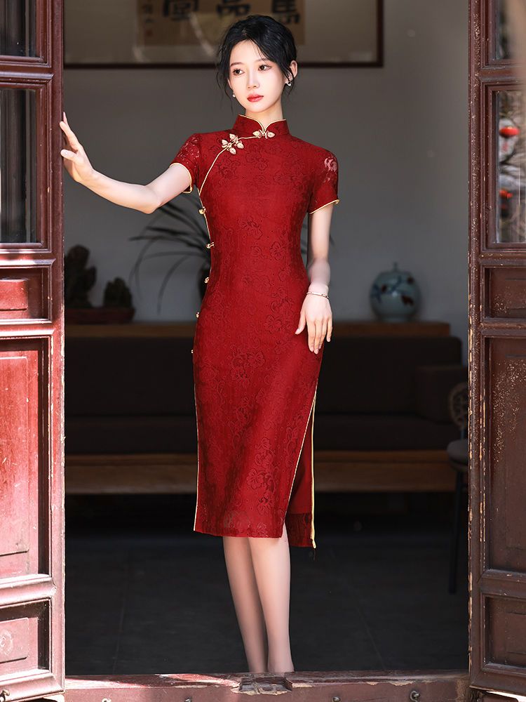 紅色旗袍2024年新款年輕款改良連衣裙少女夏季敬酒服訂婚蕾絲日常-創美