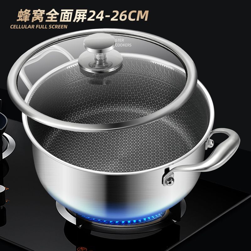 【喜挖】加厚不銹鋼湯鍋無塗層家用蒸煮燉鍋帶蓋雙耳煲湯鍋灶具通用 1