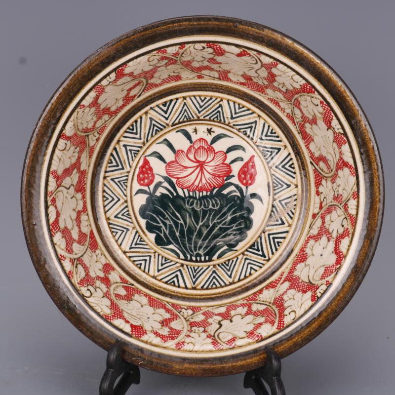 宋吉州窯彩繪荷花紋手盆盤手工仿古老貨瓷器家居中式古董古玩擺件1入