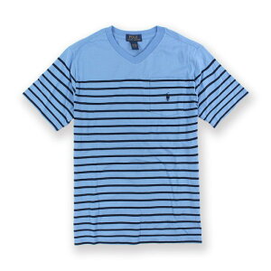 美國百分百【Ralph Lauren】T恤 V領 RL 短袖 T-shirt Polo 小馬 條紋 藍/深藍 XS號 青年版I093