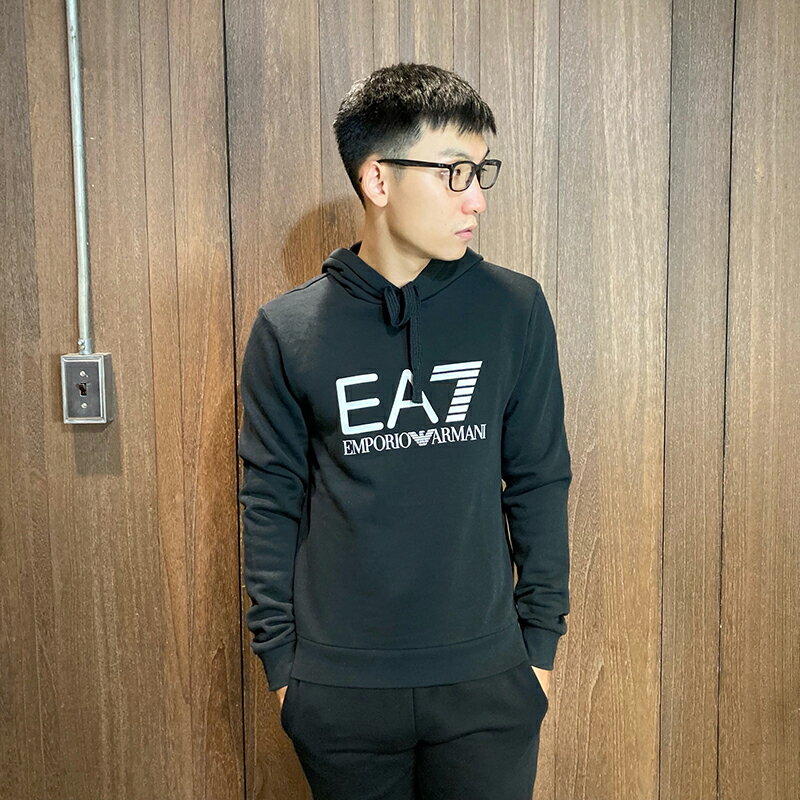 美國百分百【Emporio Armani 】長袖 連帽T恤 EA7 運動 帽T 棉質 logo 男 黑色 BF19