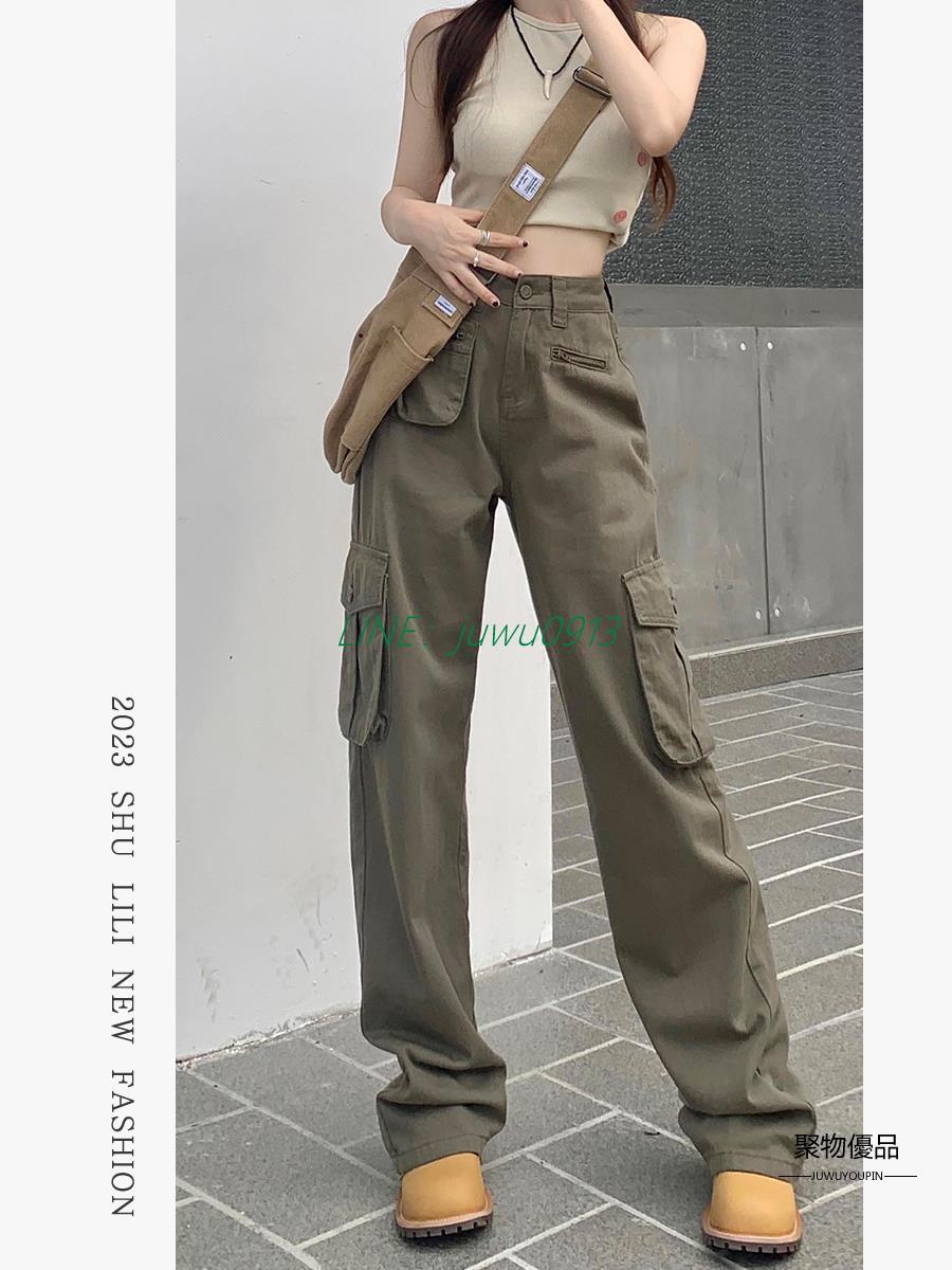 軍綠色工裝褲夏季美式直筒寬版闊腿牛仔褲運動褲子流行女裝【聚物優品】