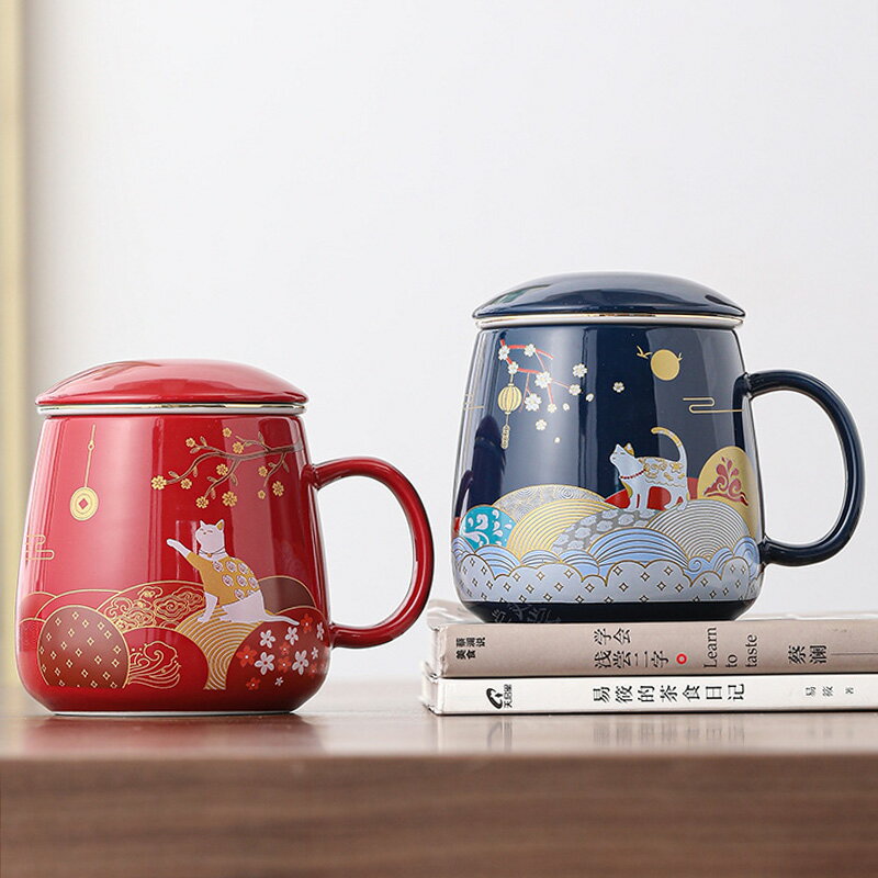 陶瓷杯子文化創意馬克杯帶蓋過濾茶杯招財貓情侶水杯國潮中式禮品