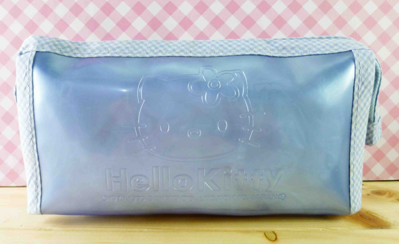 【震撼精品百貨】Hello Kitty 凱蒂貓 化妝包/筆袋-藍色化妝包-藍格邊 震撼日式精品百貨