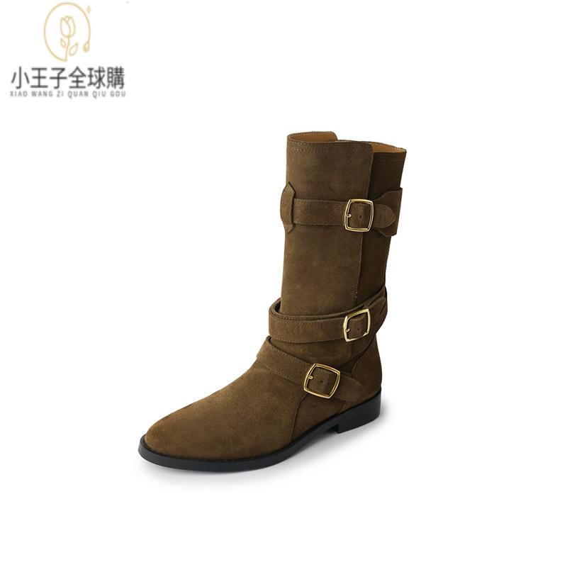 【公司現貨速發】免運 開發票 小短靴 堆堆靴 真皮女鞋 羊皮鞋 小皮鞋 樂福鞋法式復古西部牛仔靴秋圓頭低跟皮帶扣配裙子又美又酷 定製