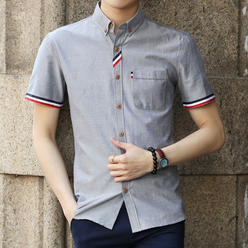 2021夏季青年韓版純色短袖襯衫男裝修身純棉灰色簡約休閑半袖襯衣