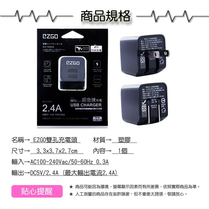 EZGO2.4A雙孔折疊快充電頭 apple充電器 通用快充頭 小白充【緣屋百貨】天天出貨 旅充頭 安卓 豆腐頭 3