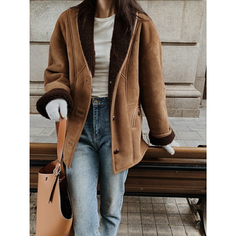【巴黎精品】羊羔毛外套皮草大衣-絨面進口棕色皮毛一體女外套a1iu55