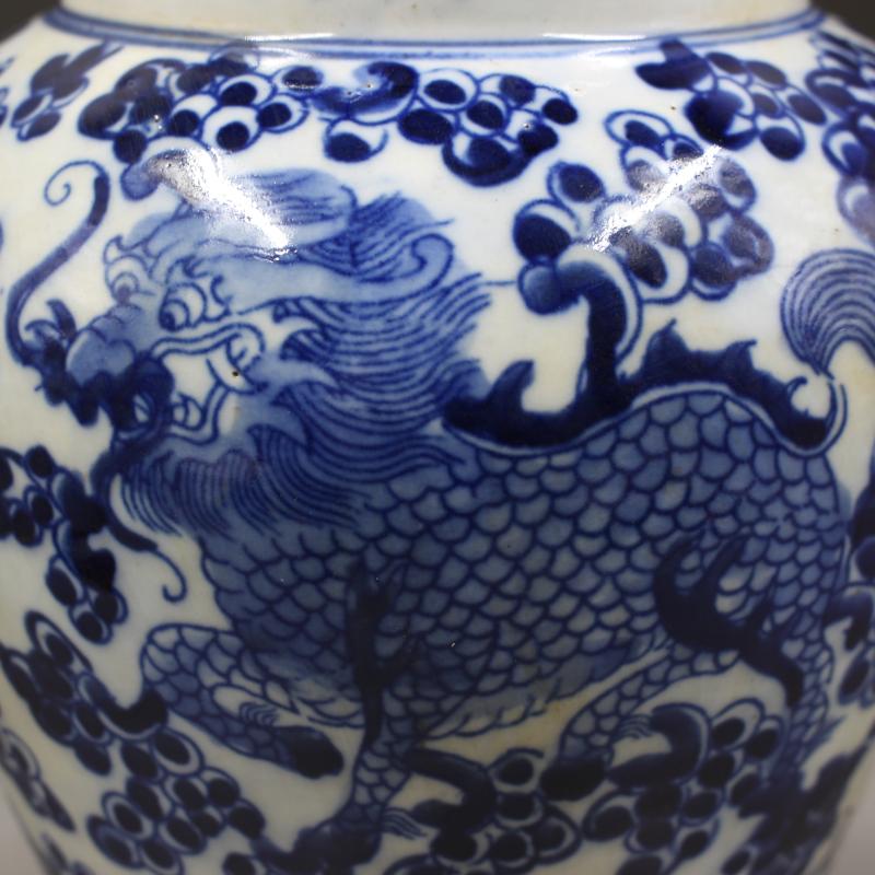 清同治年制青花穿花麒麟紋茶葉蓋罐仿古瓷器裝飾家居擺件古董古玩