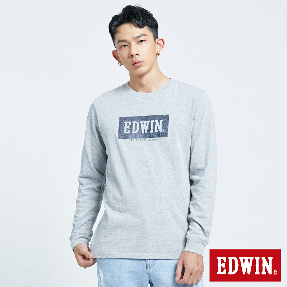 人氣復刻款↘EDWIN 丹寧LOGO薄長袖T恤-男款 淺灰色 #滿件享折扣