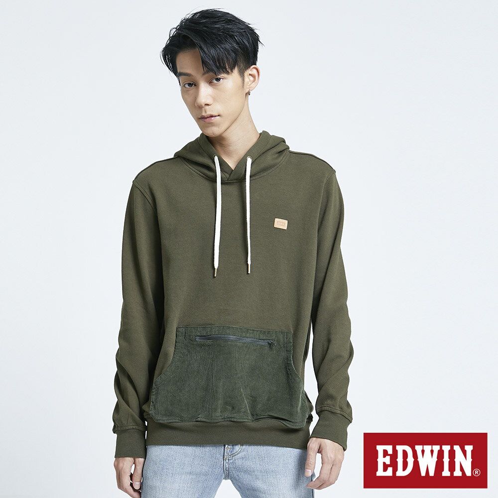 EDWIN 男款 條絨口袋長袖連帽T恤 (橄欖綠)