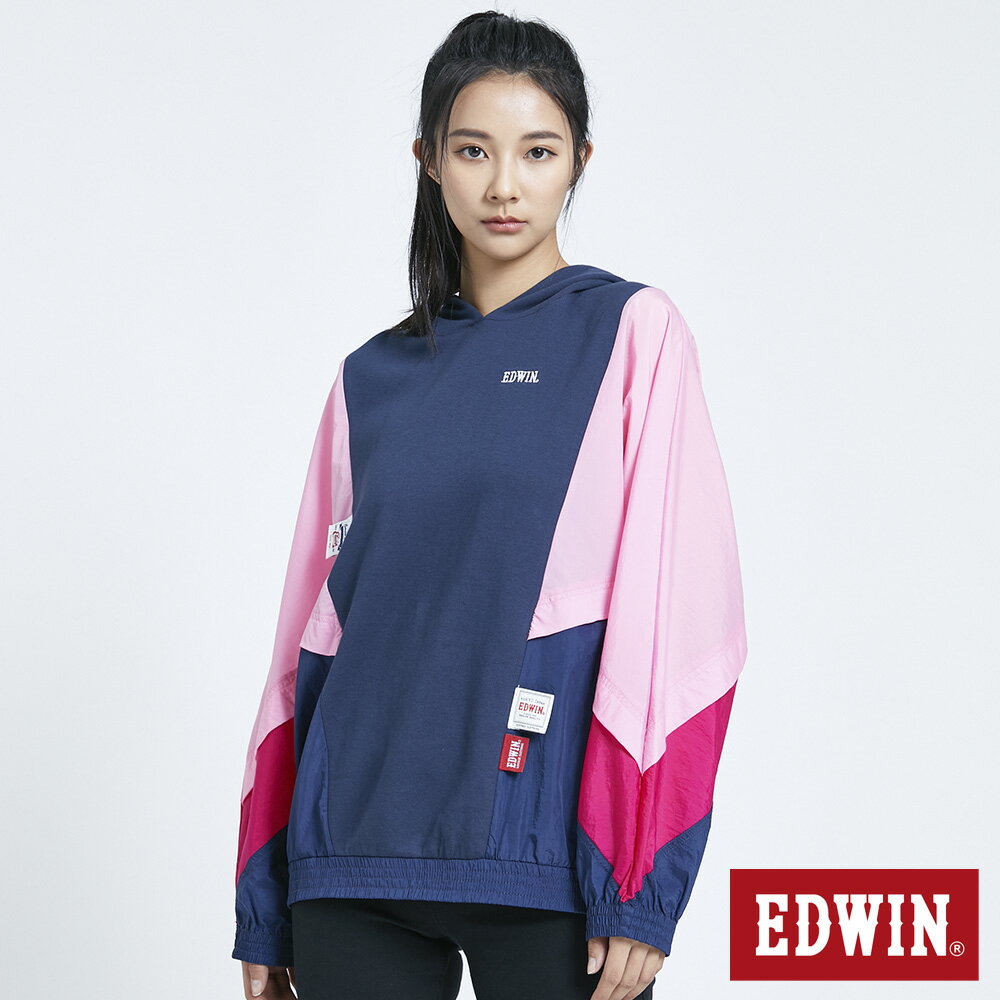 EDWIN 女款 多色拼接連帽T恤 (灰藍色)