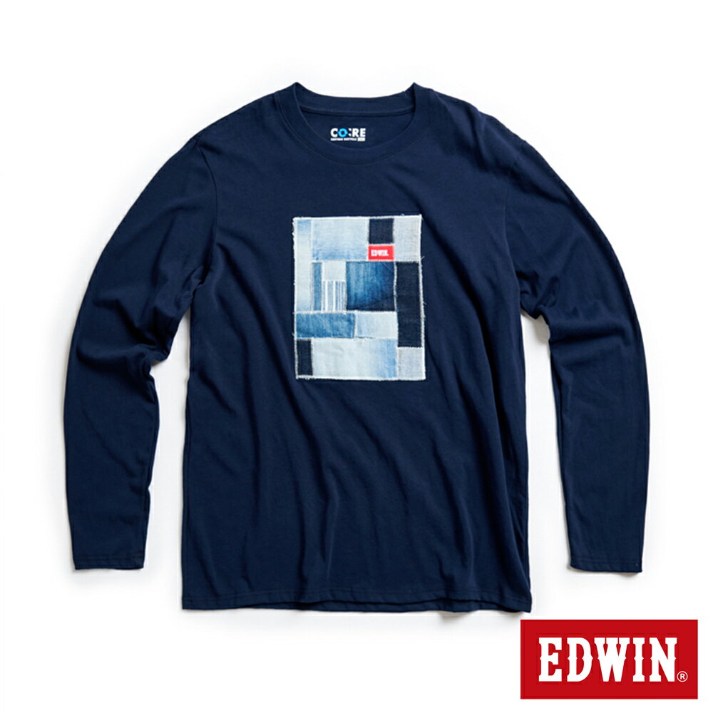 EDWIN 再生系列 牛仔拼接LOGO長袖T恤-男款 丈青色 #503生日慶
