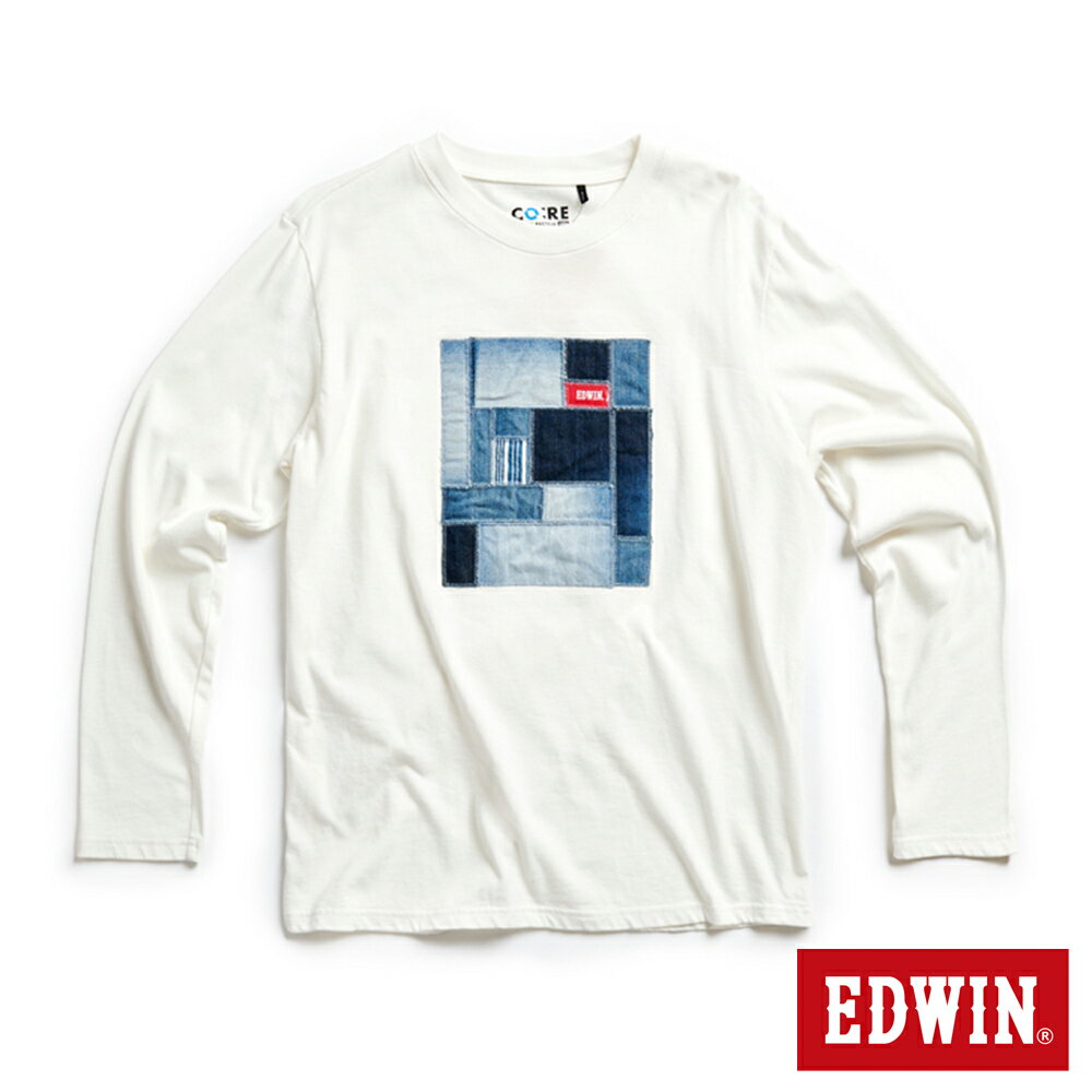 EDWIN 再生系列 牛仔拼接LOGO長袖T恤-男款 白色 #503生日慶
