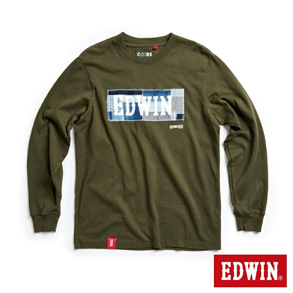 EDWIN 再生系列 牛仔拼接印花LOGO長袖T恤-男款 橄欖綠 #503生日慶